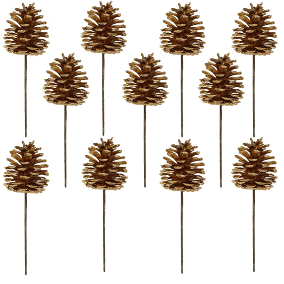 20Pcs Gold Christmas Pine Cones Decorations Picks Gold Pinecones Ornaments with Pick for Craft Artificial Christmas Tree Decor Rustic Holiday Home Ornaments Centerpiece