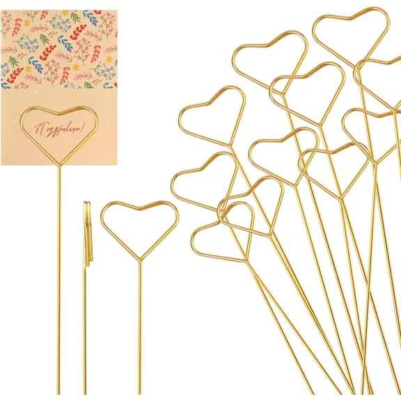 20Pcs Gold Floral Card Holder Clip,Metal Floral Place Card Holder, 12 Inch Heart Shape Flower Picks for Wedding, Metal Wire Floral Place Card Holder