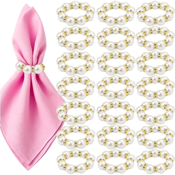 20Pcs Gold Napkin Rings Set Imitation Pearl Napkin Ring Holders for Wedding Reception Party Dinner Table Decor Essentials Metal Napkin Buckles Bulk Bridal Shower Holiday Gatherings Accessories