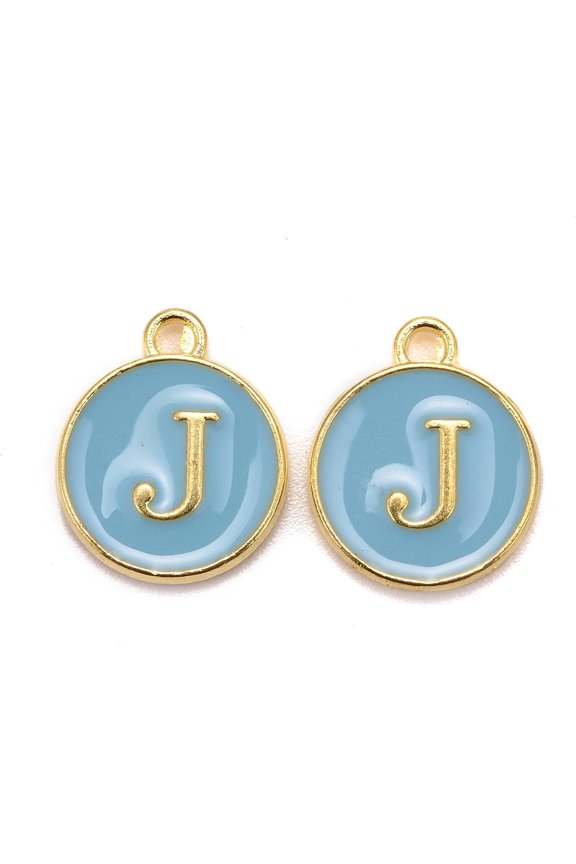 20Pcs Golden Plated Alloy Letter Charms Sky Blue Pendant Ornament Flat Round with Letter Jewelry Findings for Women DIY Necklac Jewelry Craft Making Letter J 14x12x2mm Hole: 1.5mm for DIY