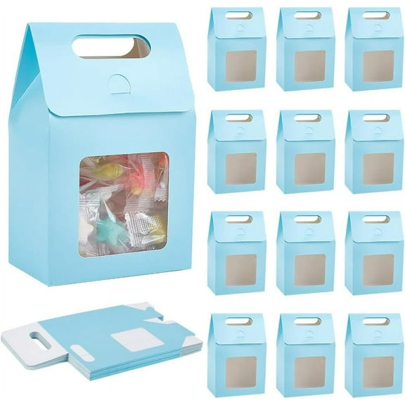 20Pcs Goodies Treat Gift Boxes with Clear Window Kraft Paper Favor Boxes with Handle Paper Gift Storage Goodies Boxes with Handles for Wedding Party Birthday Bridal Christmas Halloween Blue