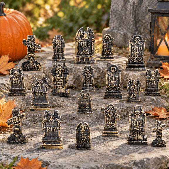 20Pcs Halloween Mini Tombstones Figurines, Plastic Miniature Tombstones Set Mini Gravestones Halloween Decorations for Miniature Graveyard Scene Haunted House DIY Crafts