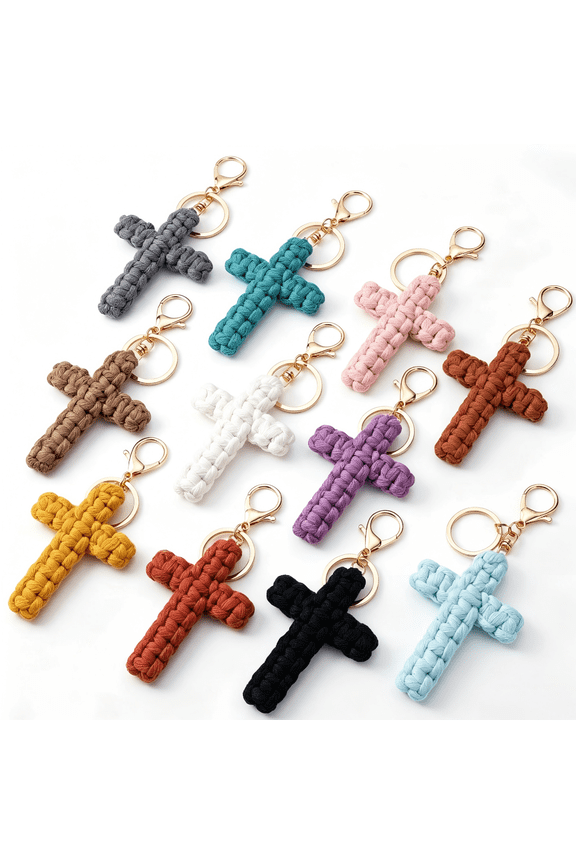 20Pcs Handwoven Macrame Cross Keychains, 10 Color Faith-Inspired Christian Key Rings with Zinc Alloy Chain & Ring Buckle, Ideal for Daily Use Bag Pendant Car Key Decor Church Events & Group Sharing