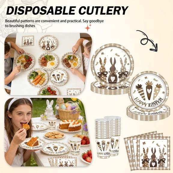 20Pcs Happy Easter Vintage Bunny Disposable Paper Plates Cups Napkins Set, Sturdy Lightweight Festive Design, Ideal For Easter Party Brunch Picnic Family Gathering Table Decoration C