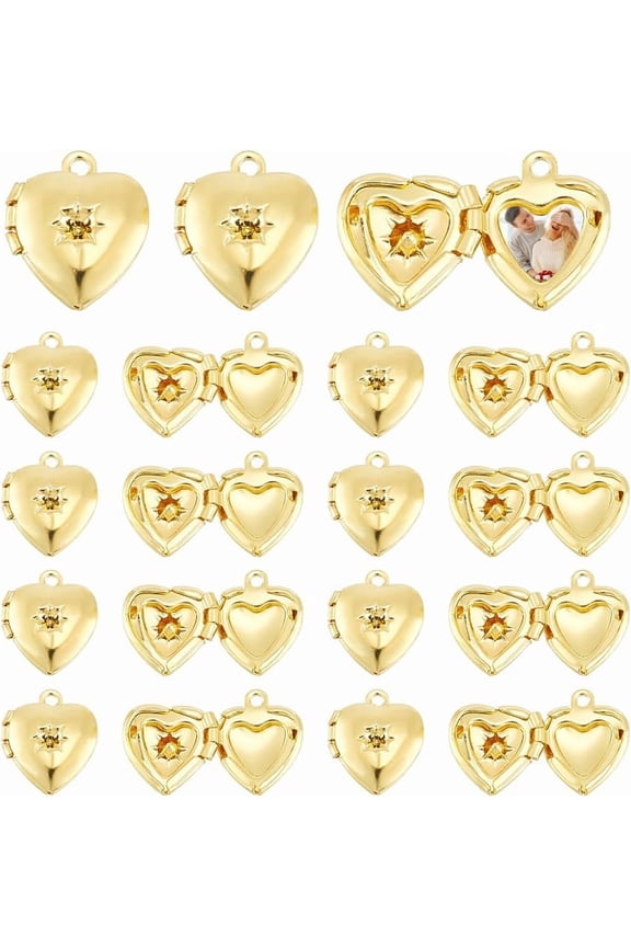 20Pcs Heart Photo Frame Charms Golden Picture Locket Charm Metal Locket Pendants Photo Memory Necklace Chain Bouquet Picture Charm for Women Men Wedding Jewelry MakingGolden