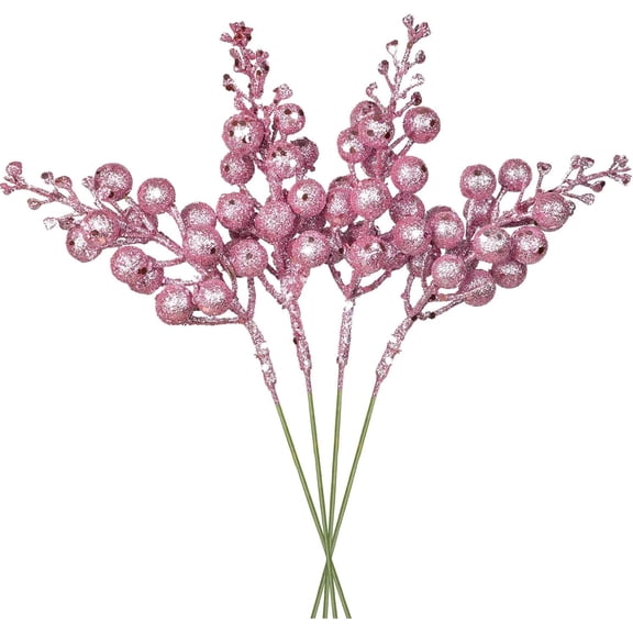 20Pcs Holly Picks Stems Christmas Tree Ornaments,9.06In Artificial Christmas Tree Picks,Pink Glittery Stems,Artificial Twigs for DIY,Xmas,Wreath,Crafts