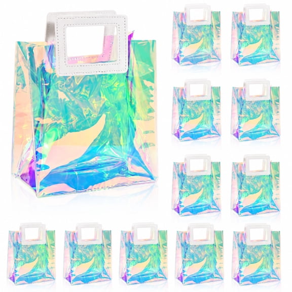 20Pcs Holographic PVC Gift Bags, Transparent Iridescent Rainbow Tote Bags with Sturdy Faux Leather Handles, 7 x 4 x 8 Inches Reusable Party Favor Bags for Celebration Gift Packaging