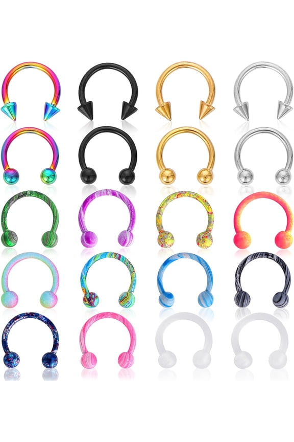 20Pcs Horseshoe Rings Surgical Steel 16G Nose Septum Rings Piercing Jewelry Cartilage Helix Tragus Earring Hoop Lip Horseshoe Piercing Retainer for Women Men