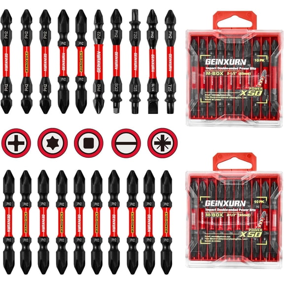 20Pcs Impact Double End Screwdriver Bit Set 2.56 in. Mixed Reversible Power Driver Bits Magnetic S2 Steel Two Sides PH2/T20/T25/SQ2/SL1/4 Tips Set with Storage M-Box