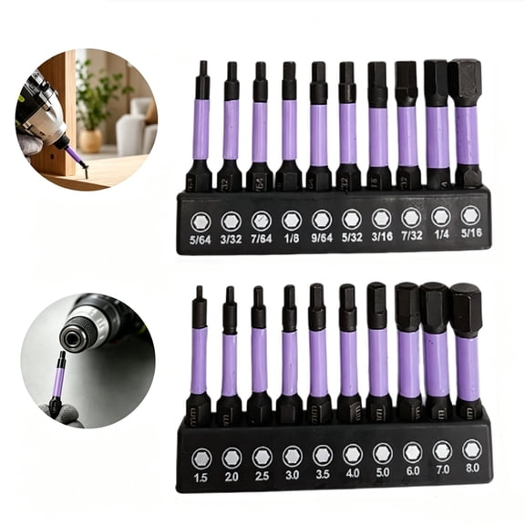 20Pcs Impact Hex Head Allen Wrench Drill Bit Set, Metric & SAE S2 Steel Hex Bits, 1/4 Inch Hex Shank Magnetic CNC Machined Tips