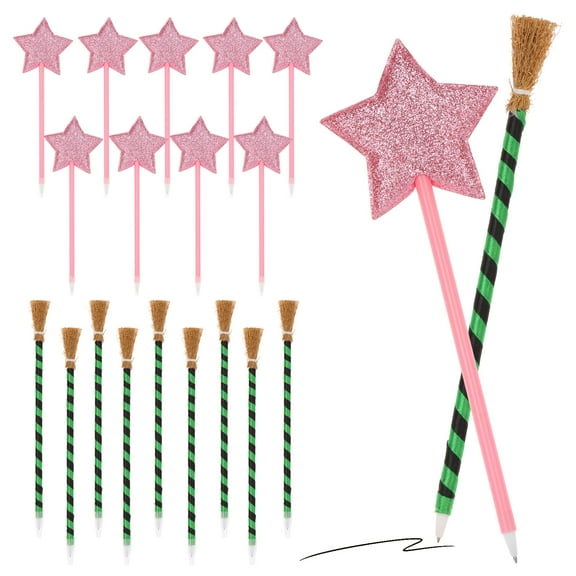 20Pcs Interesting Witch and Princess Party Favor Writing Fluently Witch Broom Pen and Pink Star Ballpoint Cute Wizard Gathering Favor for Party