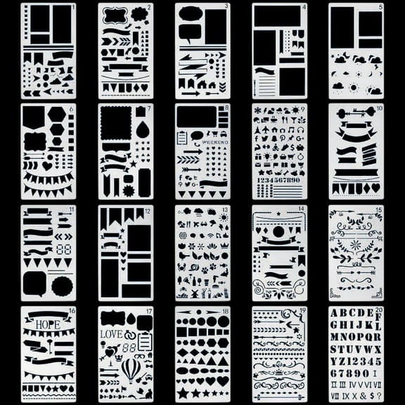 20Pcs Journal Stencils Set, Reusable Planner Stencils for Journal Notebook Scrapbooking DIY Drawing Template, Time Saving Bullet Journaling Supplies