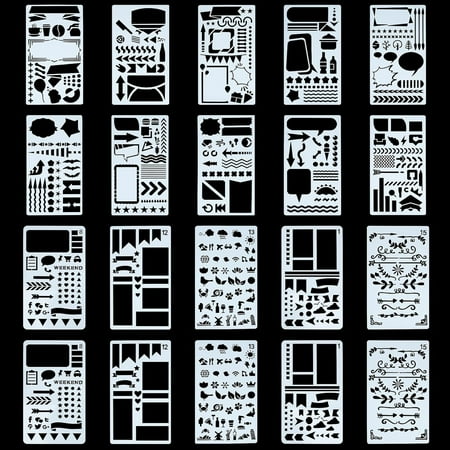 20Pcs Journal Template Die Set 20 Patterns Stencils Hollow Out Drawing Template Time Saving Planner Accessories for Handwritten Newspaper Drawing White