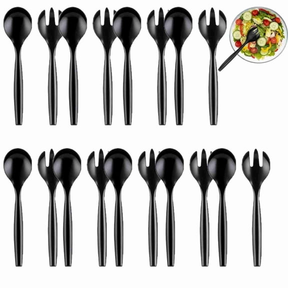 20Pcs Large Serving Spoons and Forks Set, 10'' Disposable Plastic Serving Utensils Slotted Serving Forks Heavy Duty Party Supplies for Buffet Restaurant Dinner Salad Noodles Soup, Black