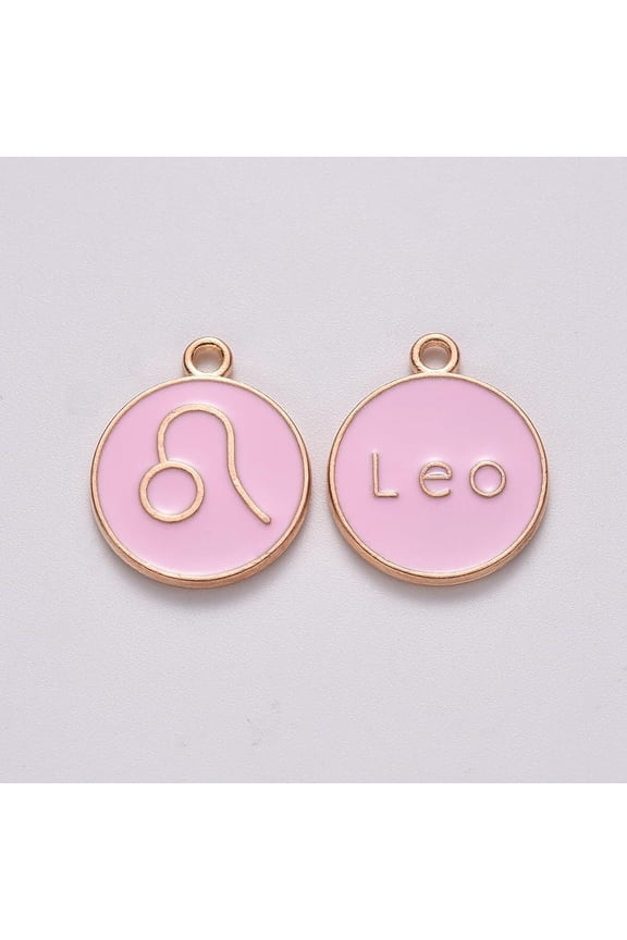 20Pcs Leo Charms Alloy Enamel Pendants Flat Round with 12 Constellation Jewelry Findings for Necklace Bracelet Jewelry Making Light Gold Pink 15x12x2mm Hole: 1.5mm Pink