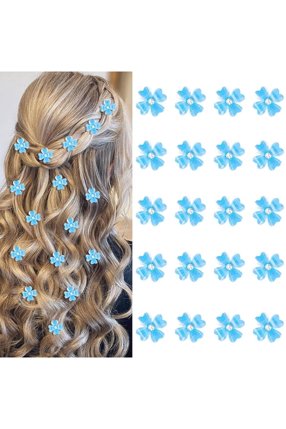 20Pcs Mini Blue Flower Hair Clips with Rhinestone Cute Hair Pins Decorative Hair Clips Wedding Hair Barrettes Bridal Hair Accessories for Girls Women