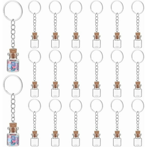 20Pcs Mini Glass Bottles 2ml Glass Vials with Corks Lids Clear Spell Jars with Metal Keychain Tiny Jars with Lids Message Potion Bottles for DIY Wedding Favors Party Home Decoration