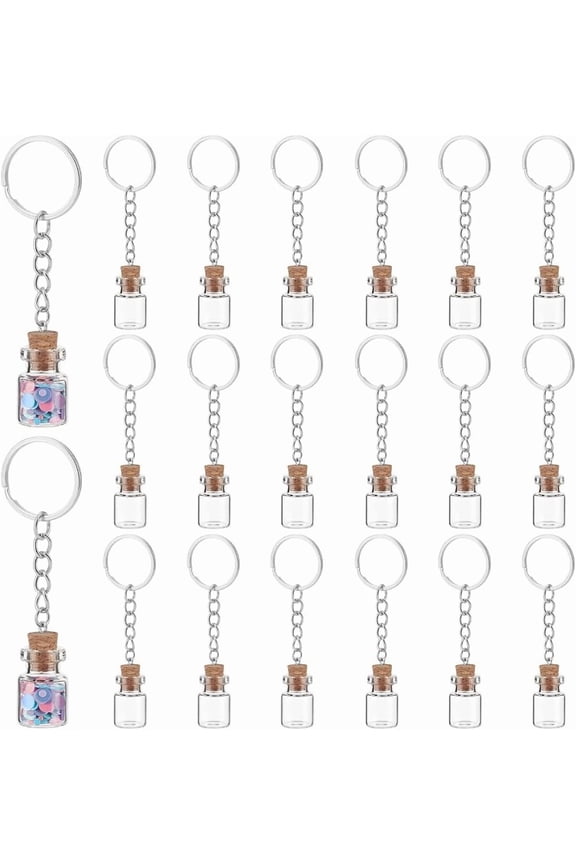 20Pcs Mini Glass Bottles 2ml Glass Vials with Corks Lids Clear Spell Jars with Metal Keychain Tiny Jars with Lids Message Potion Bottles for DIY Wedding Favors Party Home Decoration Platinum