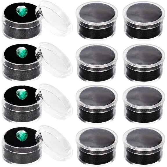 20Pcs Mini Loose Diamond Gemstone Display Box Empty Round Jewelry Show Box Clear Press Top Lids Black Sponge Filled Case Container Holder with Plastic Storage Case