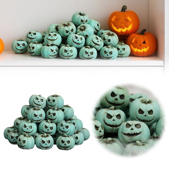 Halloween Pumpkin Decor - 20Pcs Miniature Halloween_Sm-Iling Face Pumpkin Figurines Decorations Resin Pumpkin Crafts Sculptures for Home Garden Office Desktop Pot Decor (Green)