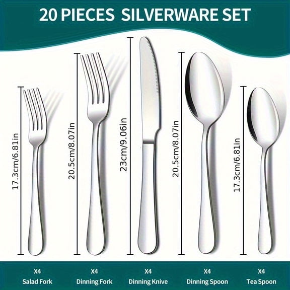 20Pcs Mirror-Polished Stainless Steel Flatware Set - Silver/Black Dishwasher Safe for 4/8/12 People Home Hotel
