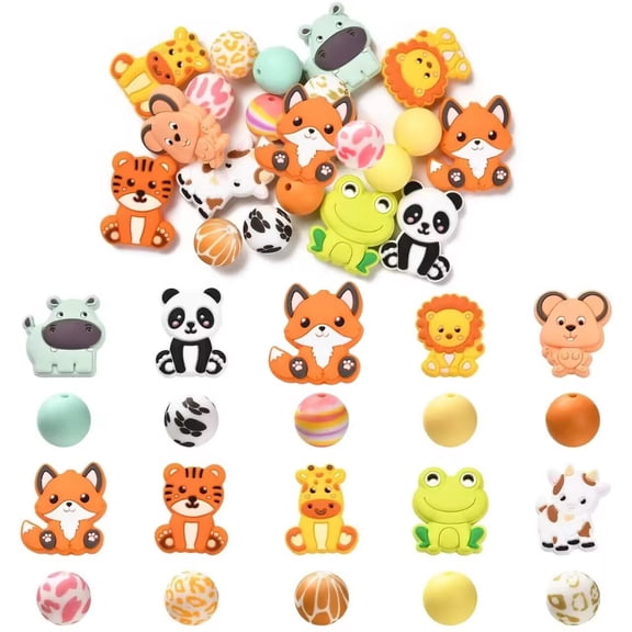 20Pcs Mixed Styles Zoo Animal Silicone Beads Frog Tiger Animal Print Pattern Soft Loose Beads