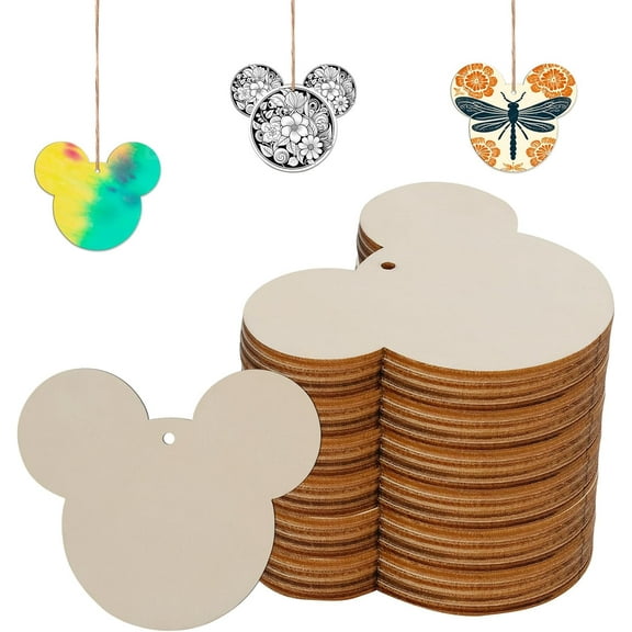 20Pcs Mouse Head  Unfinished Wooden Gift Ornaments DIY Craft Birthday Present- Paintable Blank Natural Mouse Head Cutouts Hanging Wood Slices for Kids Art Crafts DIY Gift Party Supplies