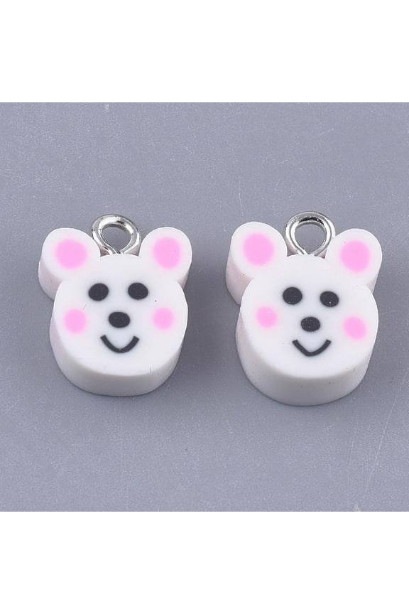 20Pcs Mouse Polymer Clay Charms White Handmade Pendants with Iron Findings Platinum DIY Pendant Charms