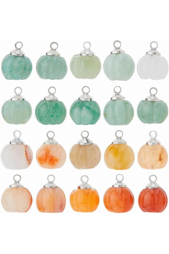 20Pcs Natural Jade Stones Charms Pumpkin Shape Random Stone Charms with Brass Findings Fall Autumn Harvest Thanksgiving Tabletop Pendants for DIY Jewelry