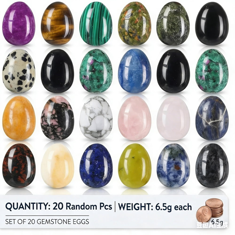 20Pcs Natural Mixed Crystal Easter Egg Set, 6.5g Hand-Polished Gemstone Worry Stones for Meditation, Energy Healing & Chinchilla/Home Decor, Random Assorted Colors