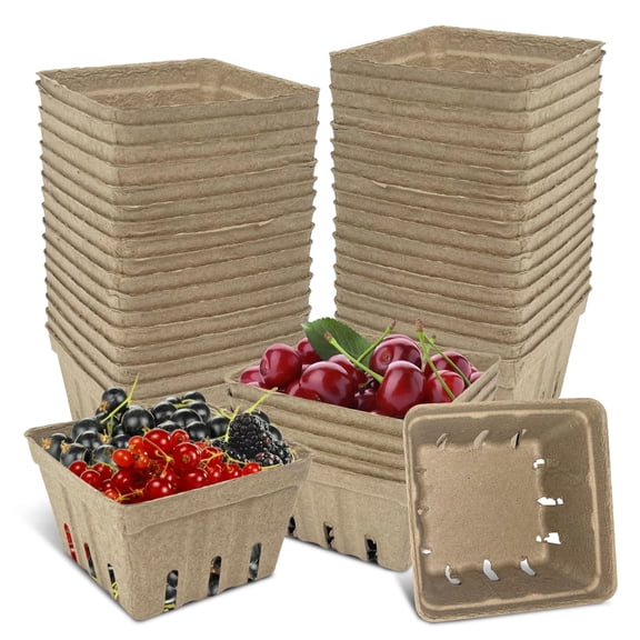 20Pcs Natural Pulp Fiber Berry Basket, 4.3" x 4.3" x2.8" Small Molded Produce Vented Basket Kitchen Supplies for Strawberry Blueberry Raspberry, Fruit Tray for Fruit Vegetable Farmer Market Grocery