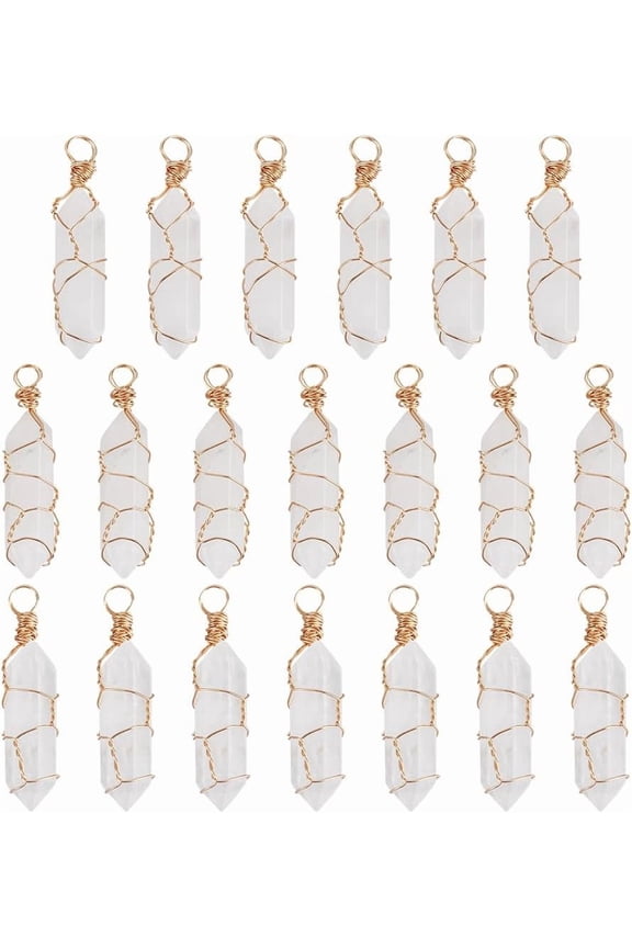 20Pcs Natural Quartz Crystal Pendants Rock Crystal Pendants Light Gold Plated Copper Wire Wrapped Double Terminated Point Bullet Charms Faceted 41x9x9mm Hole: 3.8mm