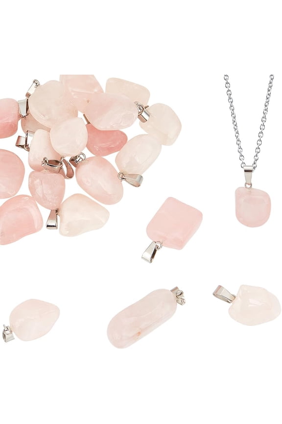 20Pcs Natural Rose Quartz Pendants with Stainless Steel Snap On Bails Nuggets Charms Stainless Steel Color 15~35x10~20x5~15mm Hole: 3x7.5mm