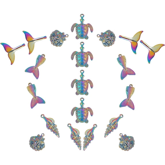 20Pcs Ocean Charms Pendants Sea Life Marine Spiral Conch Shell Fishtail Tortoise Alloy Colorful Charm