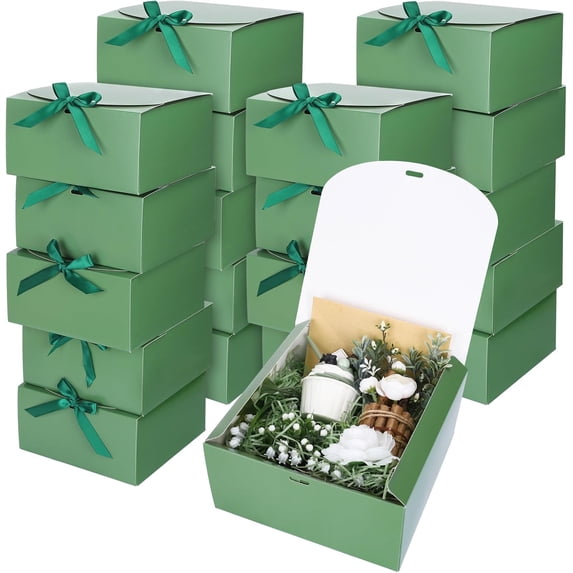 20Pcs Olive Green Gift Boxes with Lids Ribbons 8 x 8 x 4 Inch Bridesmaid Proposal Box with 100pcs Glue Points for Wedding Packaging Present Birthday Christmas Craft Snack Holiday Party Favors