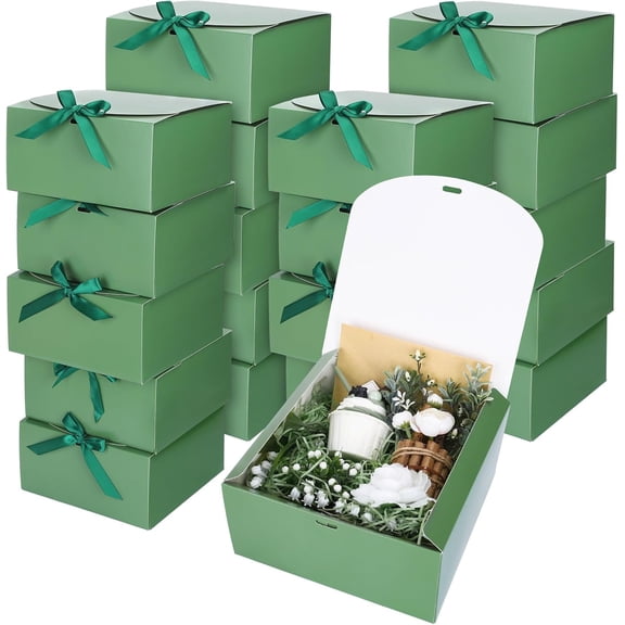 20Pcs Olive Green Gift Boxes with Lids Ribbons 8 x 8 x 4 Inch Bridesmaid Proposal Box with 100pcs Glue Points for Wedding Packaging Present Birthday Christmas Craft Snack Holiday Party Favors