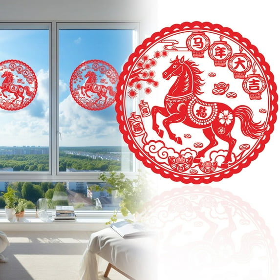 20Pcs Paper Cut PVC Sticker Window Clings 2026 Year of Horse Chinese New Year Decoration for Glass Door Wall PVC Sticker, 28cm, B