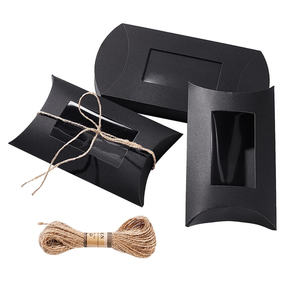 20Pcs Paper Pillow Boxes with PVC Clear Windows 1Bundle Jute Cord Black 17x11x4cm for DIY making