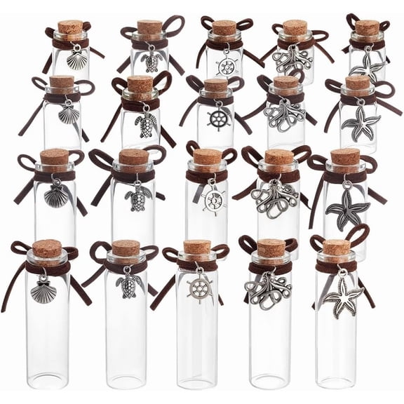 20Pcs Pet Fur Memorial Jar 20 Styles Sea Animals Theme Vial with Alloy Pendants Transparent Glass Empty Bottles for Ashes Or Hair Dog Or Cat Keepsake Pet Memorialize Gift Clear