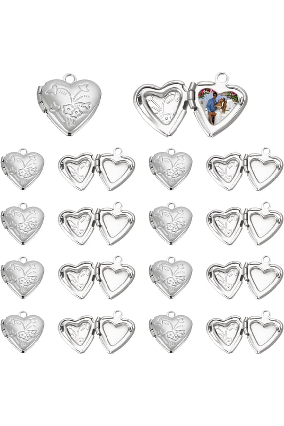 20Pcs Photo Pendants Heart Locket Pendants Heart Memory Locket Charms 12.5mm Metal Heart Charms Photo Locket Necklace Pendants for Jewelry Making Charms Silver