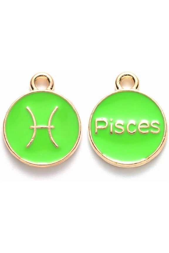20Pcs Pisces Alloy Enamel Pendants Flat Round with Constellation Jewelry Making Charms for Women Festival Gifts Jewelry DIY Making Light Gold Pale Green 15x12x2mm Hole: 1.5mm