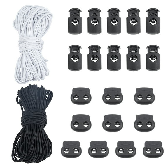 20Pcs Plasti Cord Locks Double Hole Drawstring Stopper Fastener Buttons with 2 Bundle Elastic Round Cord Mixed Color Lock: 20~28.5x15~23x7~10mm Hole: 5~7mm 10pcs/style