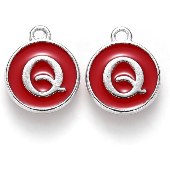 20Pcs Platinum Plated Letter.Q Charms Flat Round Capital Letter Alloy Enamel Pendant Jewelry Findings for Women Elegant Personalized Jewelry Making 14x12x2mm Hole: 1.5mm Red