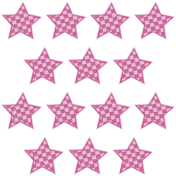 20Pcs Polyester Clothing Patches Star with Grid Pattern Hot Pink 72.5x72x1.5mm