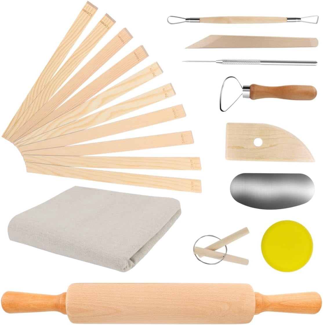 20Pcs Pottery Tools Kit for Adults, with 1 Wooden Rolling Pin, 10 Pottery Rolling Mud Sticks, 8 Clay Sculpting Tools and 1 Premium Linen for Ceramic, Polymer Clay & Beginners