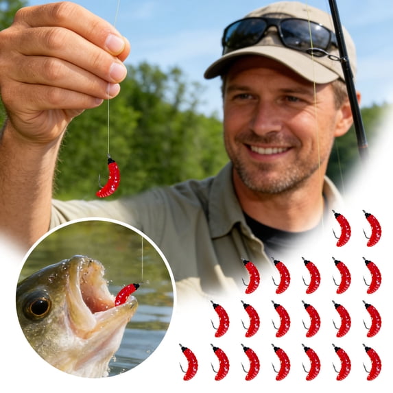 20Pcs Pre Rigged Bread Worm Fishing Lures Glitter Grub Worm Baits Realistic Swimming Action Tackle For Freshwater Saltwater Trout Panfish(Red-2Cm)