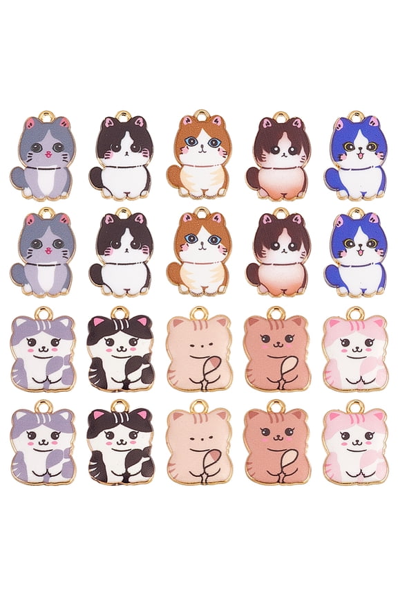 20Pcs Printed Alloy Pendants Golden Cadmium Free Nickel Free Lead Free Cat Shape Charms Mixed Color 21~22x14.5~17x1.5~3mm Hole: 1.4~2mm 2pcs/style