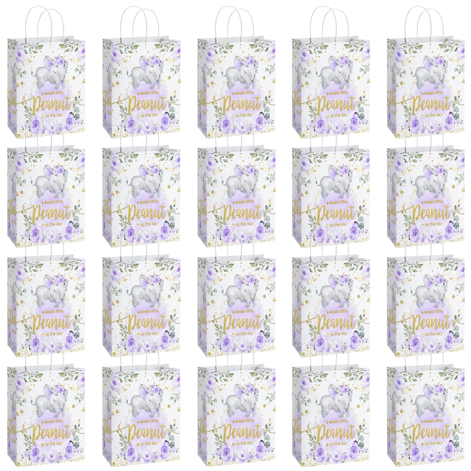 20Pcs Purple Elephant Baby Shower Party Favor Bags for Boys Girls Neutral A Little Peanut is On The Way Floral Cake Table Decoration Welcome Newborn Party