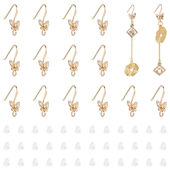 20Pcs Real 18K Gold Plated Butterfly Earring Hooks Ear Wire with Loops with 40Pcs Plastic Ear Nuts Fish Hook Earrings Brass Earring