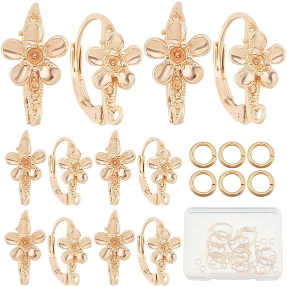 20Pcs Real 18K Gold Plated Flower Earring Hooks Leverback Earwires French Ear Wire with Open Loop 40Pcs Open Jump Ring for Earring Designs Jewelry Making Findings Dangle 17 x 8mm